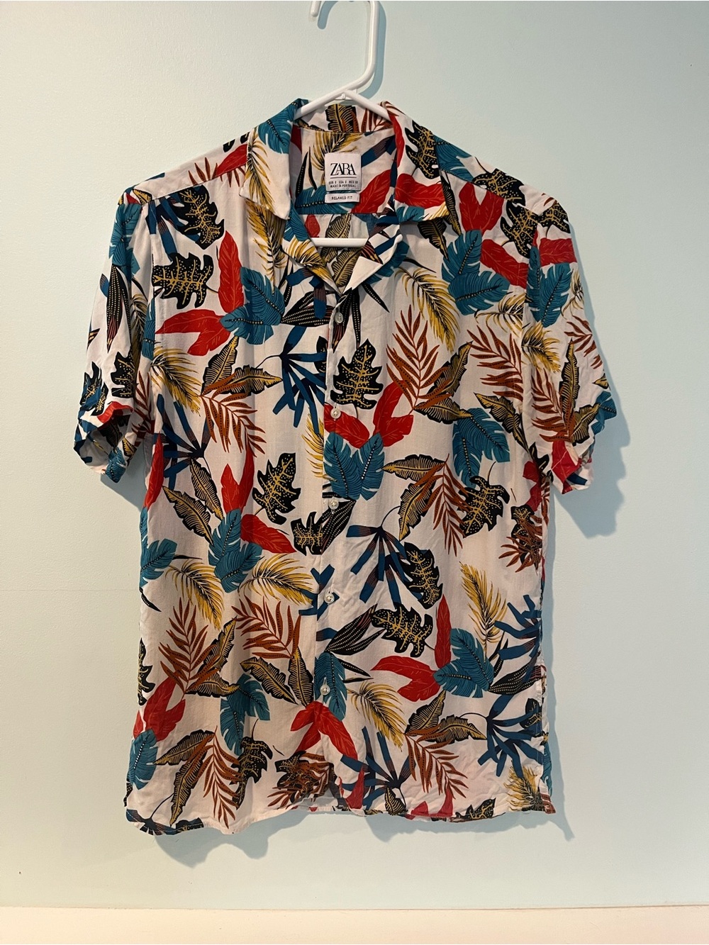 Zara Men’s Floral Shirt SS Camp Collar Viscose Relaxed Fit Button Up, Size S